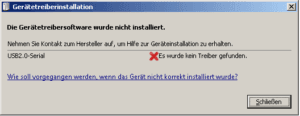 Dialog vom der Gerätetreiberinstallation, dass kein Treiber gefunden wurde.