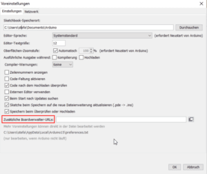 Arduino IDE, Voreinstellungen Boardverwalter URL hinzufügen