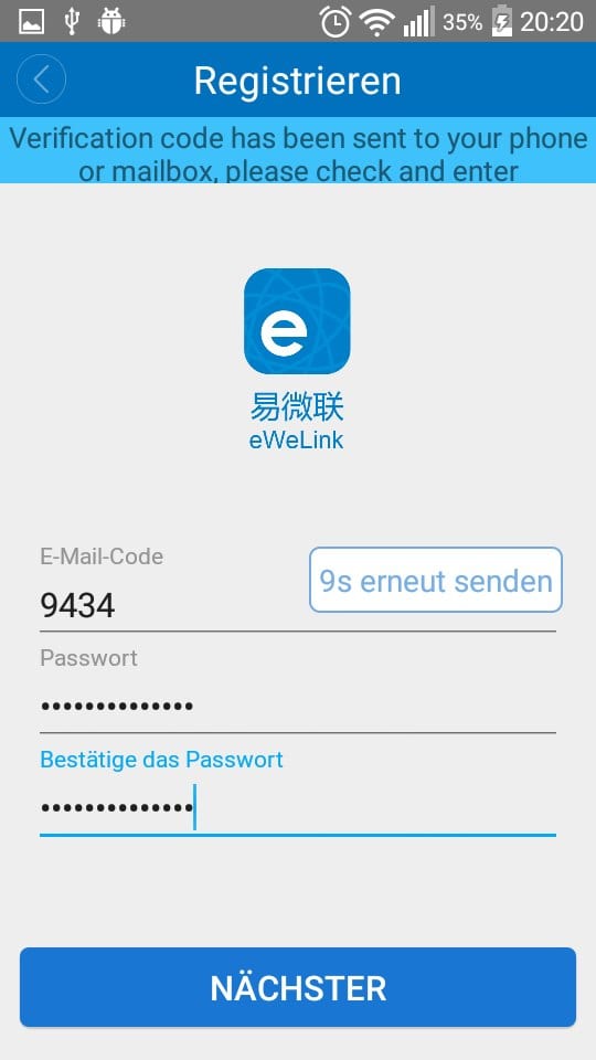 Validierungscode eingeben und Passwort setzen