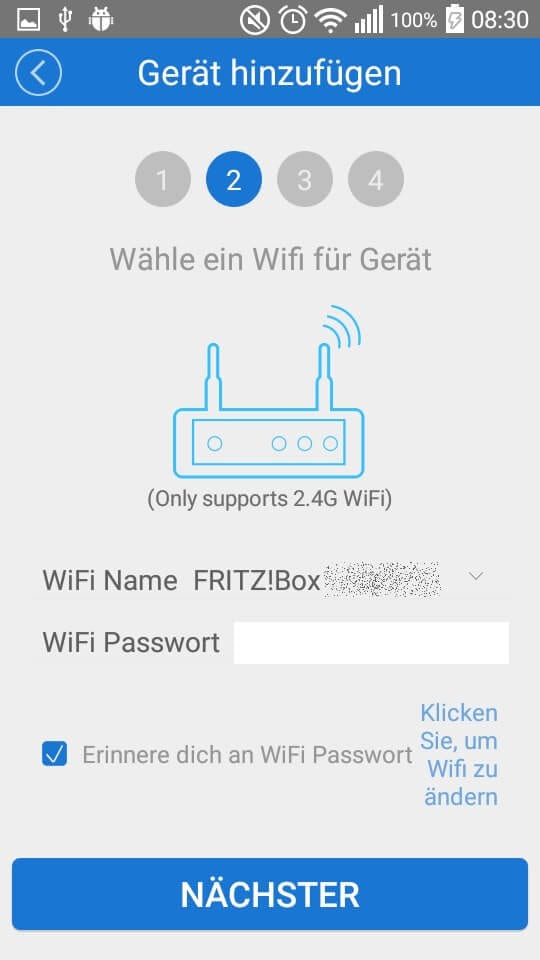 Eingeben der Verbindungsdaten zum Router (SSID ist vorbelegt)