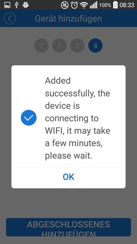 Meldung nach erfolgreicher Verbindung mit dem Sonoff Basic Wifi Switch