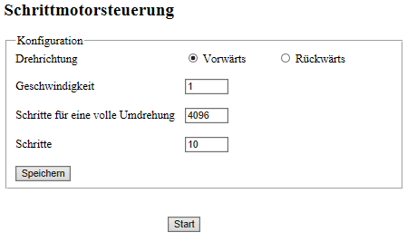 Webseite für die Steuerung des Schrittmotors
