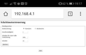 Screenshot Schrittmotorsteuerung (mobile Ansicht)