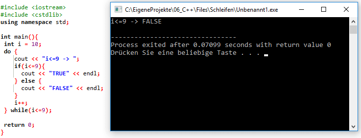 Quellcode und Ausgabe der Do-While Schleife