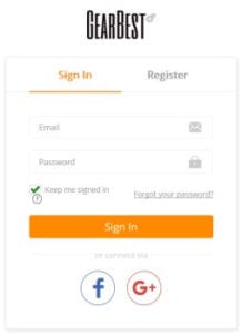 Registrier & Login Formular auf Gearbest.com