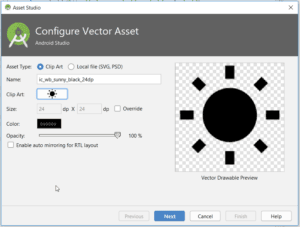 Vector Asset gewählt, Einstellungen setzen