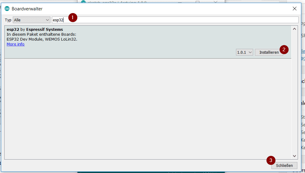 Arduino IDE - board manager, install ESP32