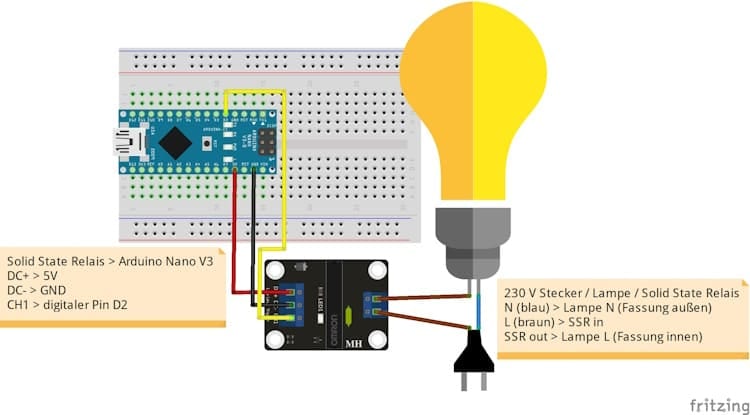 Aufbau der Schaltung - Solid State Relais am Arduino Nano mit einer 230V Glühbirne