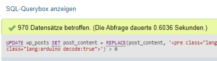 Quitierung des ausführens eines SQL Statements in phpMyAdmin