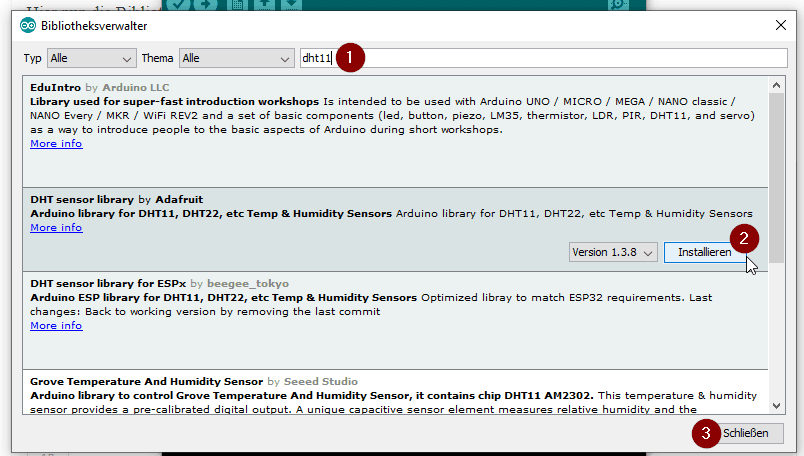 Bibliotheksverwalter - installieren der Adafruit DHT11 Bibliothek