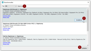 installieren der Treiber für den ATtiny167 über den Boardverwalter der Arduino IDE