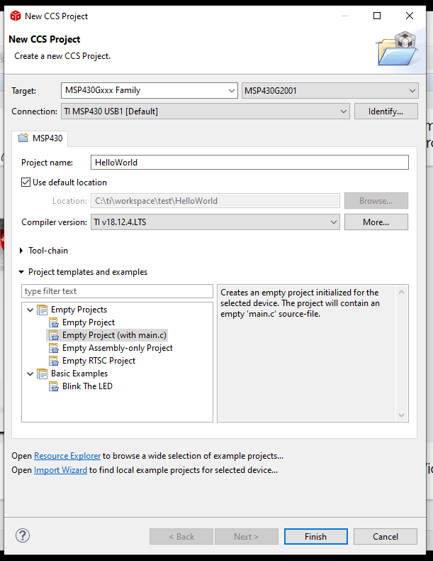 CCS - neues Projekt für MSP430G2x erstellen
