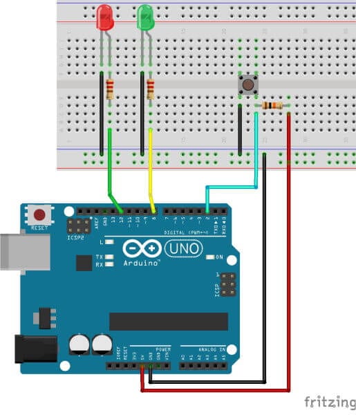 zwei LEDs und Taster mit Pull Up Widerstand