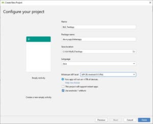 Android Studio : konfigurieren des neuen Projektes