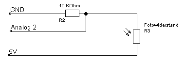 Schaltung, Fotowiderstand mit 10 kOhm Widerstand am Arduino