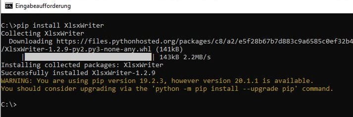 Installieren von der Bibliothek XlsxWriter auf der Kommandozeile