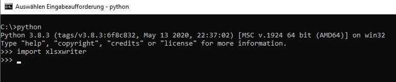 testen der Installation von XlsxWriter mit dem Importbefehl