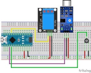 Aufbau der Schaltung - Relaismodul, Geräuschdetektor und Drehpotentiometer