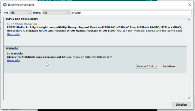 Bibliothek - M5StickC im Bibliotheksverwalter der Arduino IDE