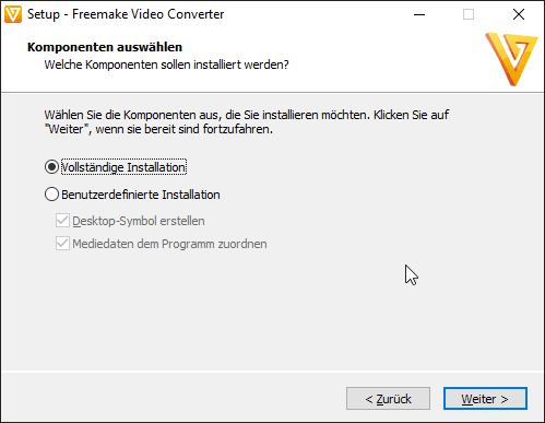 Wahl zwischen Vollständige oder Benutzerdefinierte Installation