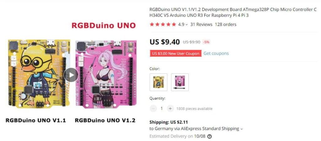 Artikelbeschreibung des Microcontrollers RGBDuino UNO auf aliexpress.com