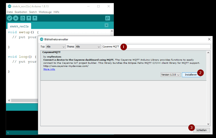 Arduino IDE - Bibliotheksverwalter - installieren der Bibliothek von Cayenne