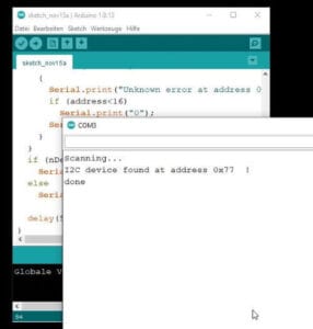 ermittelte Adresse 0x77 des Sensors BME680 mit dem I2C Scanner