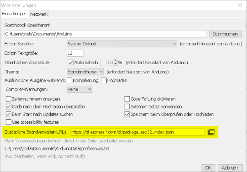 Arduino IDE - Voreinstellungen, URL für ESP32