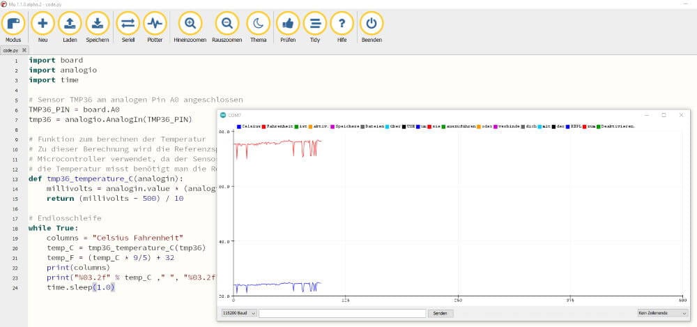 Ausgabe der Temperaturwerte im seriellen Plotter der Arduino IDE