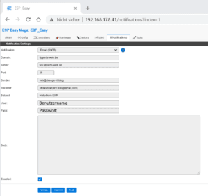 einrichten einer E-Mail Notification in ESPeasy