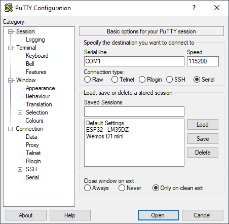 Putty - Konfiguration für den SAMD21