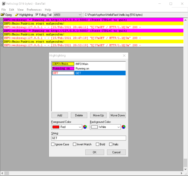 Anwendung BareTail mit konfigurierter Logdatei