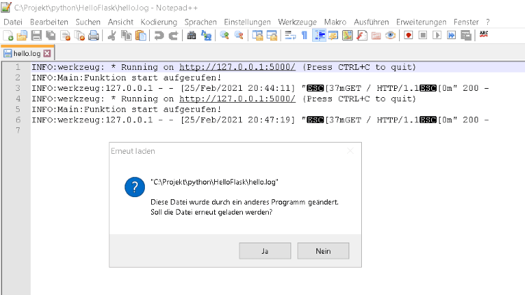Hinweis auf Änderung in einer Logdatei in Notepad++