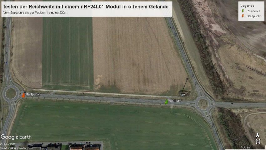 Reichweitentest des nRF24L01 Modules in offenem Gelände