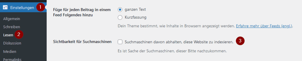 WordPress Einstellung für das Indexieren der Seite von Crawler