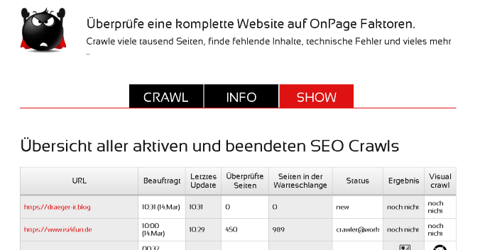 Übersichtsseite SEORCH Crawler