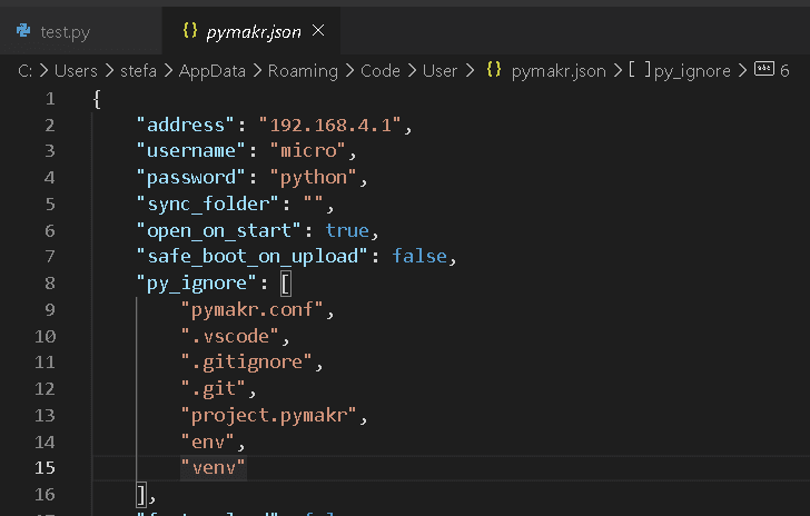 default Einstellungen von PyMakr