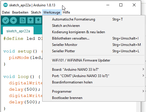 Arduino Nano 33 IoT Einstellungen in der Arduino IDE