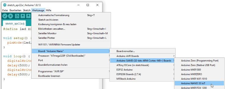 auswahl des Board in der Arduino IDE
