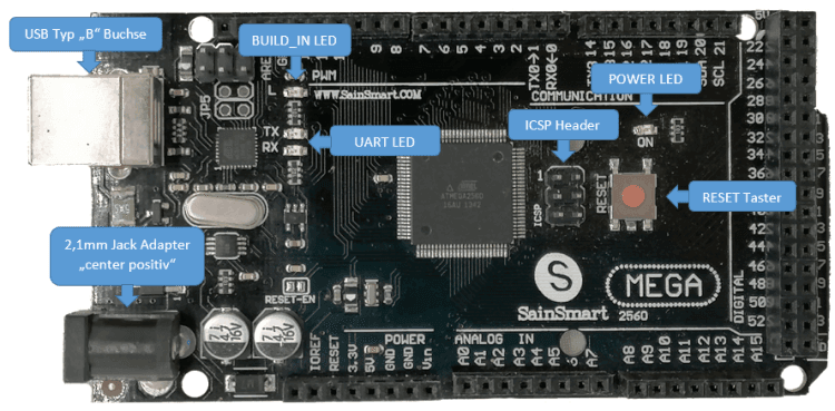 Anschlüsse, LEDs & Taster am Arduino Mega 2560 R3