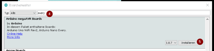 suchen des Boardtreibers für den Arduino Nano Every im Boardverwalter der Arduino IDE