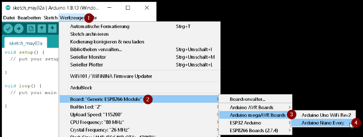 Auswahl des Boardtreibers für den Arduino Nano Every