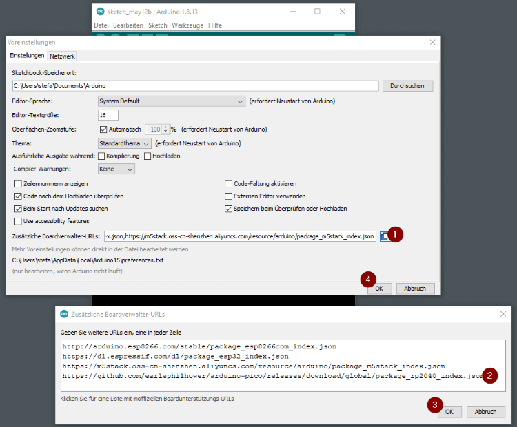 zusätzliche Boardverwalter URL in der Arduino IDE für den Raspberry PI Pico