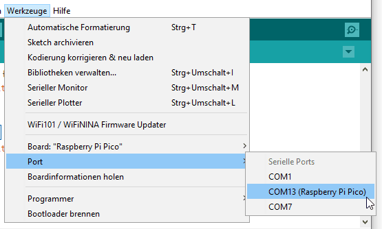 Raspberry PI Pico am COM-Port 13 erkannt