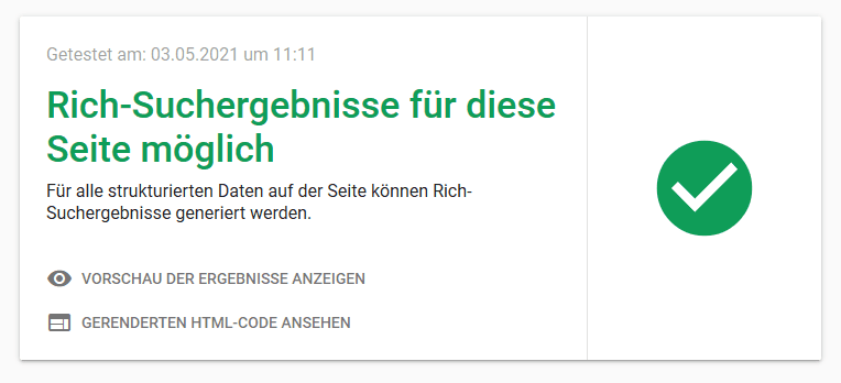 Ergebnis einer Prüfung des Rich Snippets