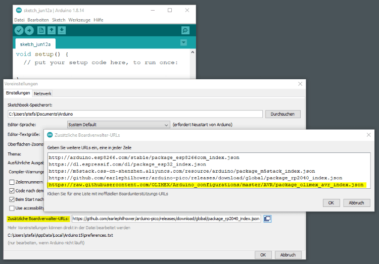 hinzufügen einer neuen Boardverwalter URL in der Arduino IDE