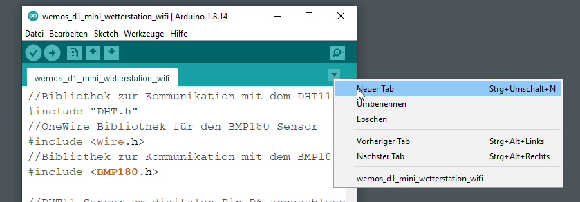 erzeugen eines neuen Tabs in der Arduino IDE