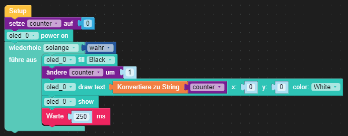 UIFlow Programm zum Anzeigen eines Zählers auf der SH1107 Unit