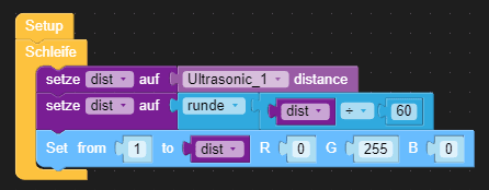 UIFlow Programm zum Auslesen des Ultraschallsensors und Anzeigen auf der LED Matrix