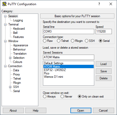 Putty Konfiguration für die serielle Verbindung zum M5Stack ATOM Matrix